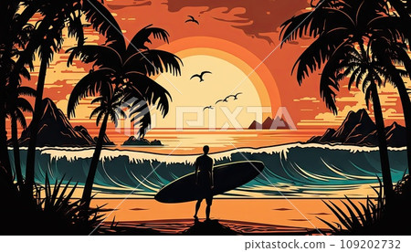 Man with surf board on sandy tropical beach, caribbean scenery and palm trees silhouettes at sunrise or sunset, ai generated illustration. Tropical beach landscape and surfer 109202732