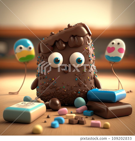 Food dessert cute chocolate character ai generated illustration, funny kawaii emoticon. Lovely happy chocolate candy, laughing emoji with bubble gums. Amusing kids candy, tasty snack mascot 109202833