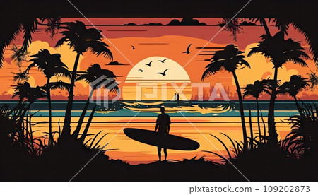 Sunrise sunset on sunny beach, mansurfer at sea, sunny landscape ai generated illustration. Surf board on sandy tropical beach, sand on bay and city in sunshine, caribbean scenery Sunrise sunset on sunny beach, mansurfer at sea, sunny landscape ai generated illustration. Surf board on sandy tropical beach, sand on bay and city in sunshine, caribbean scenery 109202873