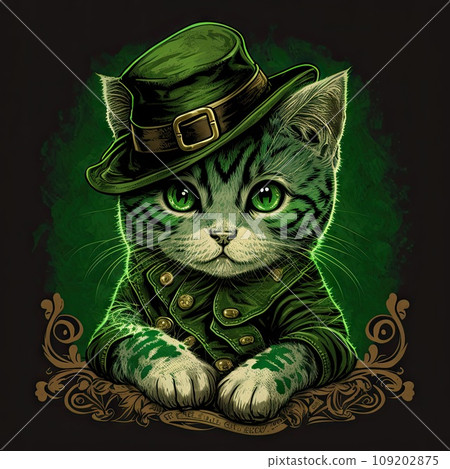 Saint Patricks day cat in green costume with hat, ai generated illustration of cute animal portraits. Funny kitten and frame, spring animal St Patrick greeting card 109202875