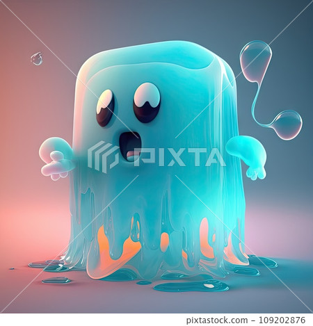 Funny slime monster or ghost AI generated character. Halloween slime monster, creepy liquid and glossy phantom or spooky melting jelly creature personage. Transparent ghost generative AI character 109202876