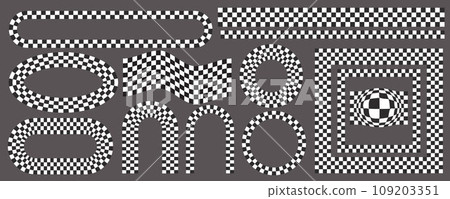 Checkerboard frames set. Circle and square patterns with black and white chess pattern.Y2k geometric shapes. Vector retro groovy illustration Checkerboard frames set. Circle and square patterns with black and white chess pattern.Y2k geometric shapes. Vector retro groovy illustration 109203351