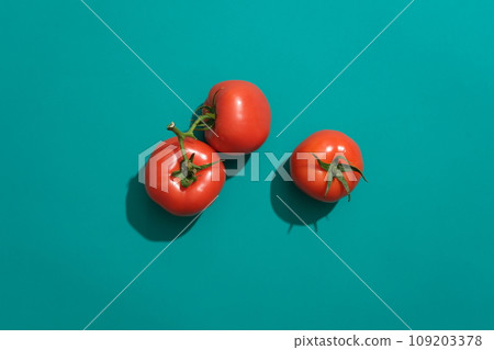 Top view of red ripe fresh tomatoes on a green background. Blank space for text and design. The nutritional composition of tomatoes can protect the body from many dangerous diseases Top view of red ripe fresh tomatoes on a green background. Blank space for text and design. The nutritional composition of tomatoes can protect the body from many dangerous diseases 109203378