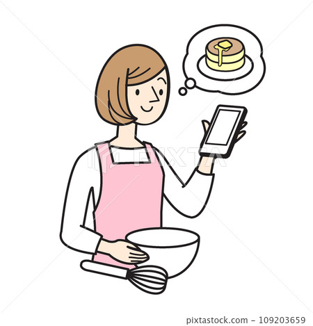 Simple character illustration of a woman enjoying cooking Simple character illustration of a woman enjoying cooking 109203659