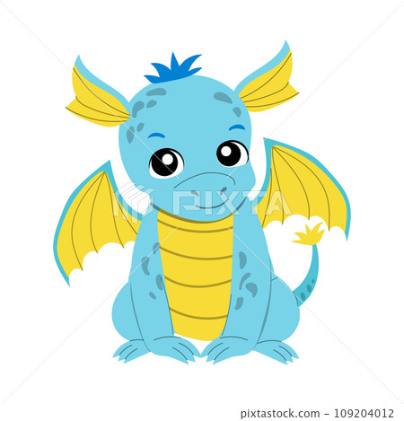 Cartoon baby blue dragon sitting.  109204012