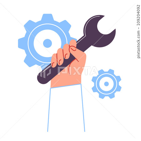 Hand with a wrench in front of the gear mechanism 109204092