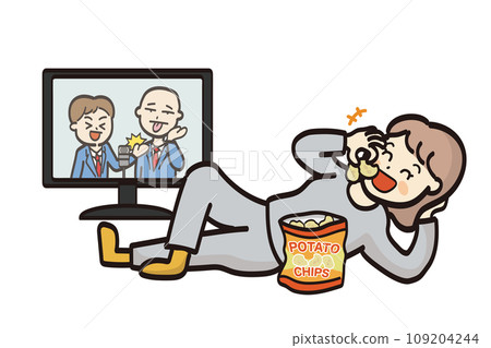 Illustration of a woman lying down and eating potato chips while watching TV 109204244