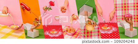 Collage. Different types of food, burger, eggs, donuts, cereal over multicolored background. Yummy Collage. Different types of food, burger, eggs, donuts, cereal over multicolored background. Yummy 109204248