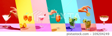 Collage. Different types of alcohol beverages on table over multicolored background. Martini with olives, Aperol Spritz, mojito cocktails 109204249