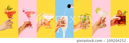 Collage. Different types of alcohol beverages on multicolored bright backgrounds. Margarita, pink lady, champagne, mojito and negroni cocktails 109204252