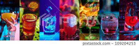 Collage. Different types of cocktails in neon colored bar. Margarita, martini, mojito daiquiri, negroni aperol spritz cocktail 109204253