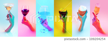 Collage. Different types of alcohol beverages on multicolored background. Hands holding champagne, martini, wine, beer. Neon light 109204254