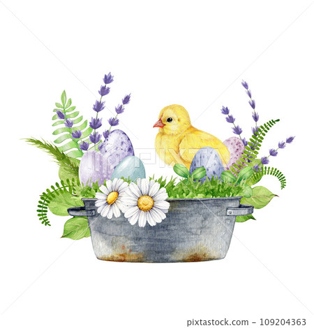 Easter festive flower decor with eggs and chick. Watercolor illustration. Baby bird, colored eggs, garden flowers vintage style decoration. Happy Easter floral decorative hand drawn element 109204363