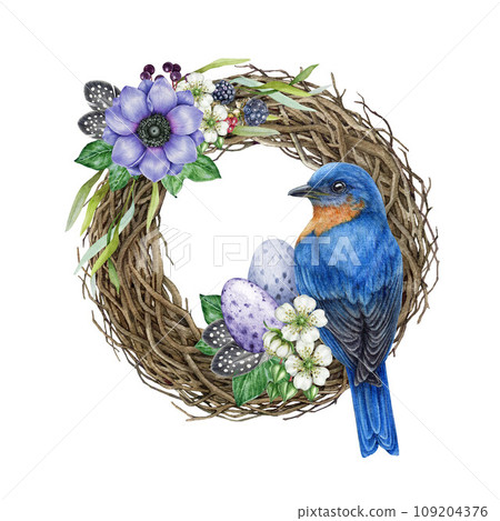 Easter floral decor wreath with bird. Watercolor vintage style painted illustration. Hand drawn rustic decoration. Easter vine wreath, garden flowers, ivy leaves, berries, bluebird. White background 109204376