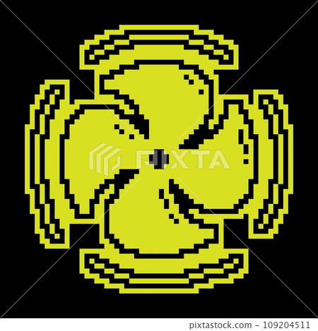Pixel silhouette icon. Fan blades of air conditioner with rotation direction arrows. Maintaining comfortable temperature in summer. Simple black and yellow vector isolated 109204511