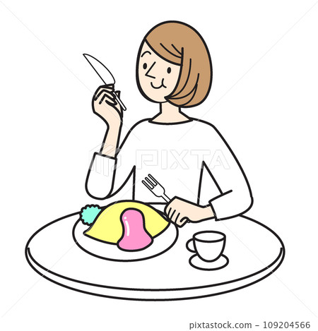 Simple person illustration woman eating omelet rice Simple person illustration woman eating omelet rice 109204566