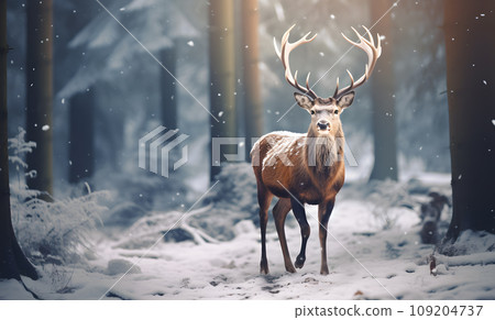 Reindeer with beautiful antler walking on a dirt path through a pine forest with tall trees and rays of sunlight Reindeer with beautiful antler walking on a dirt path through a pine forest with tall trees and rays of sunlight 109204737