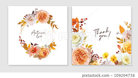 Fall flowers bouquet cards set. Watercolor vector floral illustration. Wedding invite, Thanksgiving, thank you template design. Peach, yellow, orange rose, dahlia, red berries, eucalyptus leaves frame Fall flowers bouquet cards set. Watercolor vector floral illustration. Wedding invite, Thanksgiving, thank you template design. Peach, yellow, orange rose, dahlia, red berries, eucalyptus leaves frame 109204738