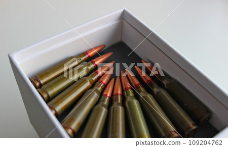 Machine gun bullets lined up with heads to heads in white case Machine gun bullets lined up with heads to heads in white case 109204762