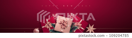 Christmas flat lay composition on red background.  109204785