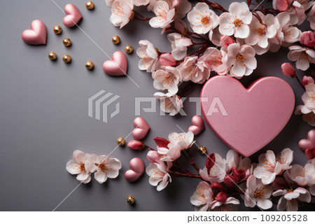 Concept of Valentine's Day. Flat lay heart and flowers Concept of Valentine's Day. Flat lay heart and flowers 109205528