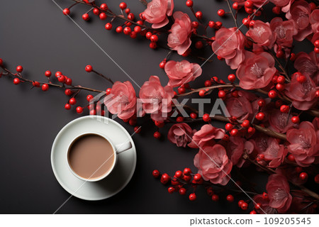 Flat lay coffee cup and red flowers on black background 109205545