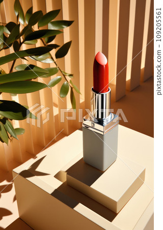 Luxurious red lipstick on a pedestal or a scene against the background of a wall with vertical stripes and leaves of a plant with hard lighting with shadows 109205561
