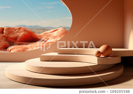 Luxury podium in a minimalist style for the documentation of goods or cosmetics against the background of nature desert or mountains Luxury podium in a minimalist style for the documentation of goods or cosmetics against the background of nature desert or mountains 109205586