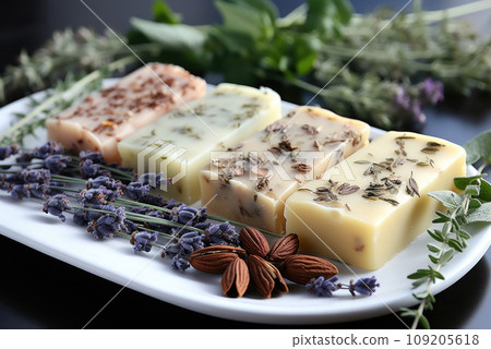 Handmade soap bars with herbs and natural additives Handmade soap bars with herbs and natural additives 109205618
