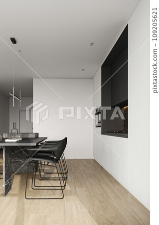 Minimalist kitchen design with marble dining table and modern lighting interior 3d Render 109205621
