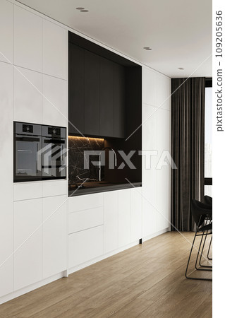 Sleek and modern kitchen design with high-end appliances and marble backsplash 3d render 109205636