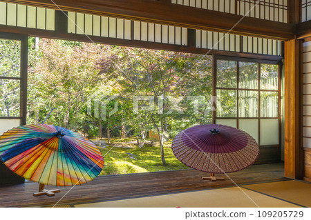 Beautiful garden seen from the main hall of Bishamondo Shorinji Temple in Kyoto in autumn 109205729