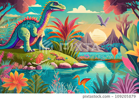 美麗的魔法花園,有恐龍、湖泊、花朵和熱帶植物 美麗的魔法花園,有恐龍、湖泊、花朵和熱帶植物 109205879