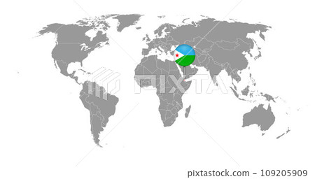 Pin map with Djibouti flag on world map. Vector illustration. Pin map with Djibouti flag on world map. Vector illustration. 109205909