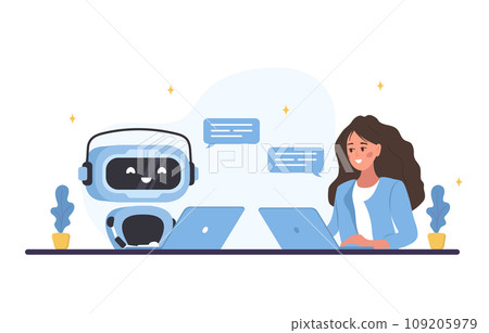 Chatbot concept. Woman talking with robot. AI assistant. Girl asking questions and receiving answers. Online customer support. Artificial intelligence. Vector illustration in flat cartoon style 109205979