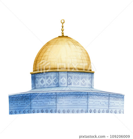 Jerusalem Dome of the Rock Muslim mosque watercolor illustration isolated on white background. Qubbat as Sakhra with golden and blue building in Al Aqsa compound on the Temple Mount in Israel Jerusalem Dome of the Rock Muslim mosque watercolor illustration isolated on white background. Qubbat as Sakhra with golden and blue building in Al Aqsa compound on the Temple Mount in Israel 109206009