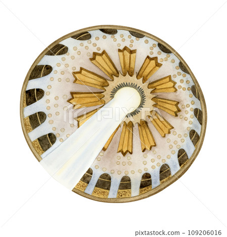 Dome of the Holy Sepulchre with sunbeam watercolor illustration isolated on white background. Round rotunda above the Edicule of Coptic chapel church of Resurrection in old city of Jerusalem Dome of the Holy Sepulchre with sunbeam watercolor illustration isolated on white background. Round rotunda above the Edicule of Coptic chapel church of Resurrection in old city of Jerusalem 109206016