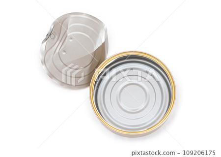 Opened Empty Tin Can With Broken Cover Isolated on White Background Opened Empty Tin Can With Broken Cover Isolated on White Background 109206175