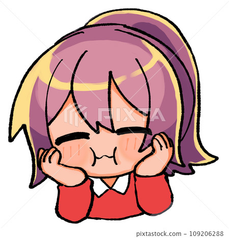 一個綁著馬尾的小人物，嘴裡塞著美味的食物。 109206288