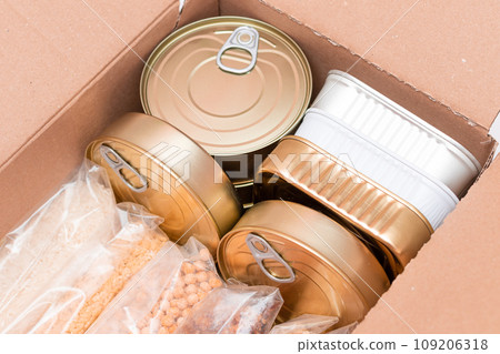 Carton Box with Canned Food, Cereals and Grocery - Donation Box or Food Reserves 109206318