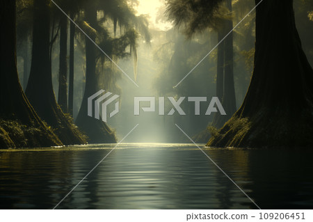 tropical landscape with river in swampy rainforest, bayou, flooded forest 109206451