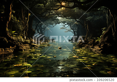 landscape with dark tropical forest and swampy river 109206520