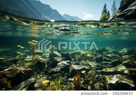 underwater view of mountain river with water surface and alpine background during high water underwater view of mountain river with water surface and alpine background during high water 109206633