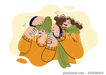 Laughing children don winter hats and scarves as head out for sunday walk or trip to ski resort Laughing children don winter hats and scarves as head out for sunday walk or trip to ski resort 109206843