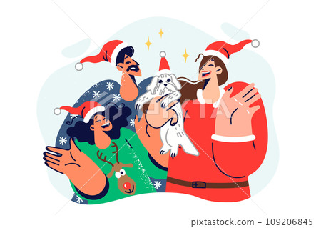 Christmas family mom and dad and daughters with dog laugh and wave hand congratulating on new year Christmas family mom and dad and daughters with dog laugh and wave hand congratulating on new year 109206845