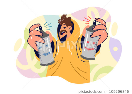 Teenager boy draws graffiti using two cans of spray paint, for concept street subculture 109206846