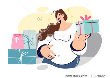 Pregnant woman holds gift box and smiling looks at screen, enjoying attention from friends 109206848