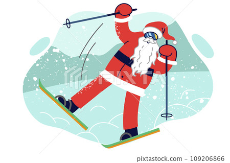 Santa claus stands on skis at risk of falling due to rush to christmas party or new year celebration 109206866