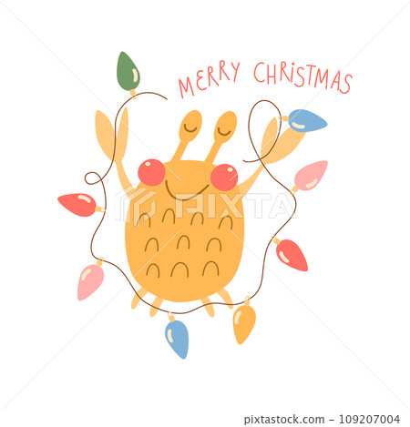 Christmas crab decorated Christmas garland, light. Vector tropical Christmas party celebration isolated element. 109207004