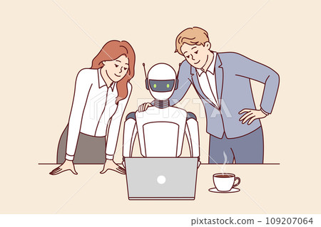 Robot employee of company and two human colleagues work together to complete tasks using laptop 109207064